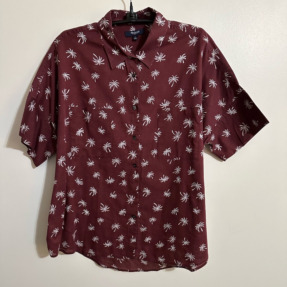 Madewell Burgundy w/ White Palm Tree Print Cotton Short Sleeve Cotton Top Size L